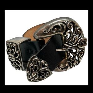 Oversized Vintage Vicenza Italian Belt Silver Buckle Black Leather Neiman Marcus